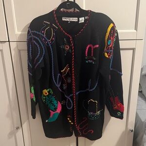 Michael Simon Black Vintage Cardigan with Colorful Cowboy Beaded Embellishments